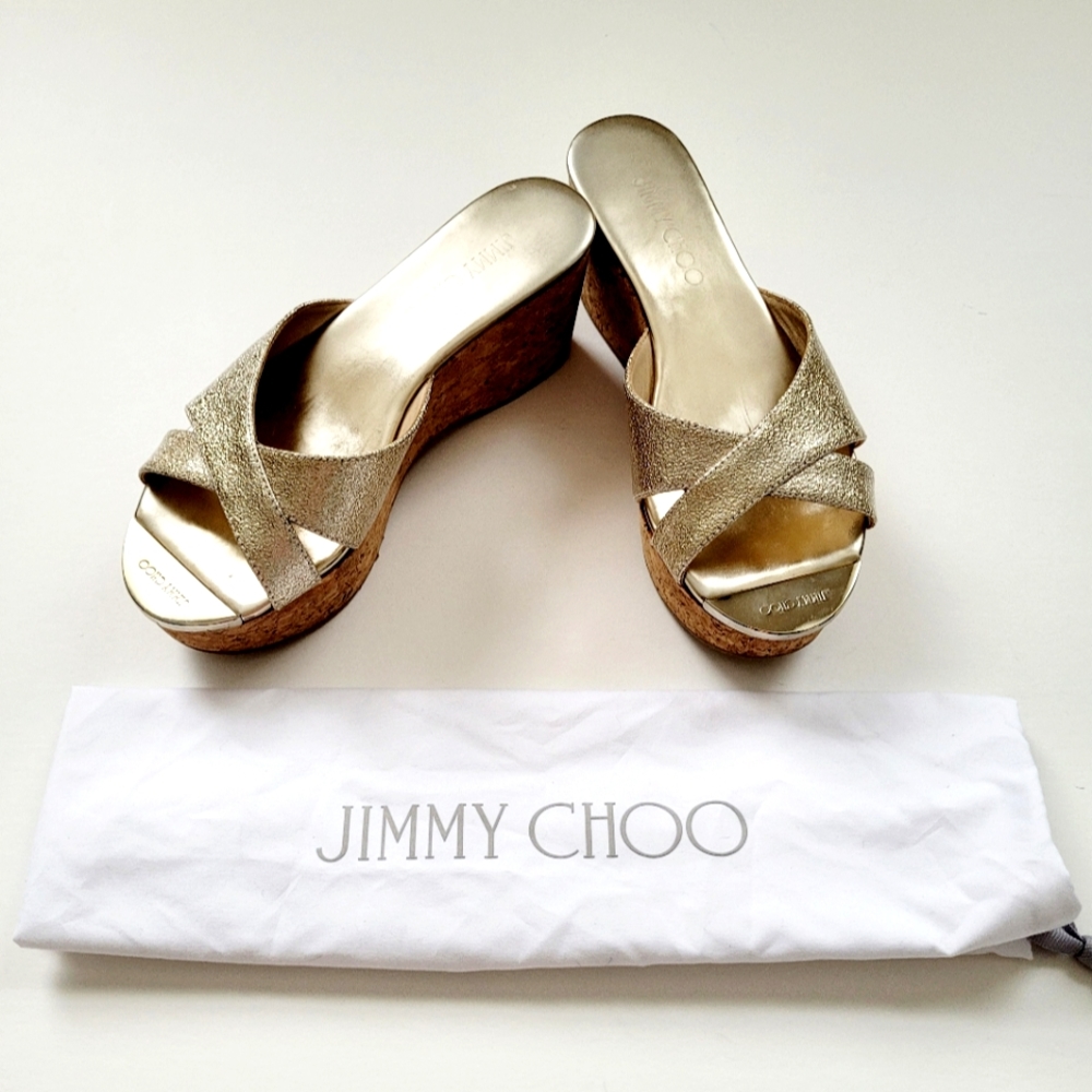 JIMMY CHOO Gold Crossover Platform Wedges